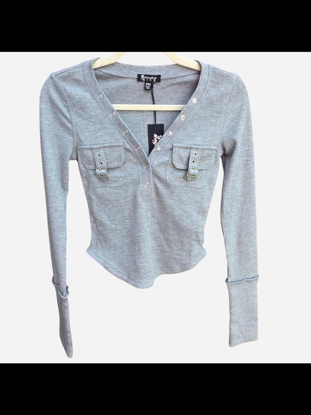 DOLLSKILL Ribbed Henley Top - Light Gray